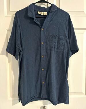 Panama Jack Men's Blue Textured Woven Short Sleeve Button-Up Shirt L Pockets